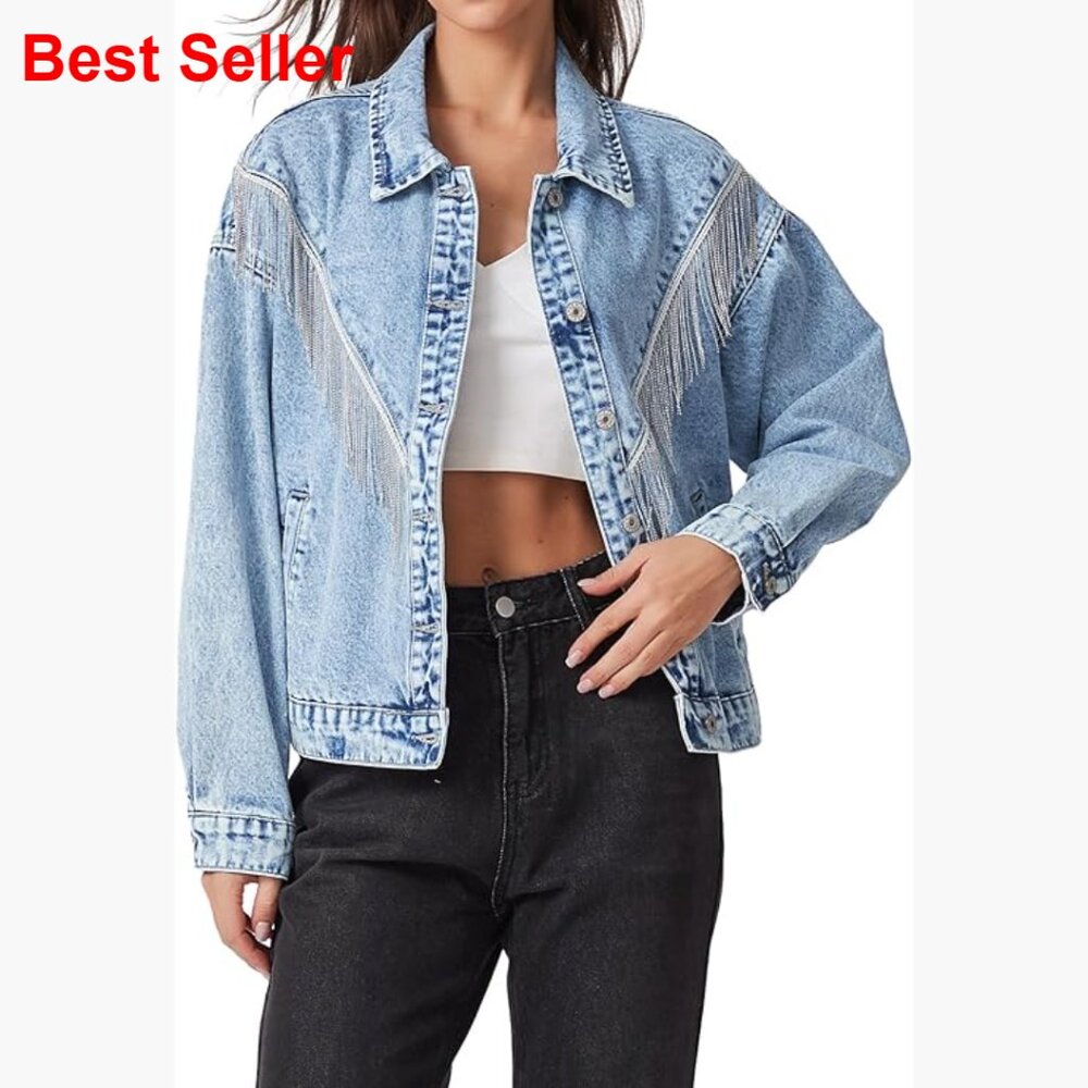 Fringed Denim Jacket Oversized Tassel Sparkly Western Style